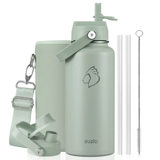 Buzio Duet Series Water Bottle with 2 Lids and Sleeve 1L - Green